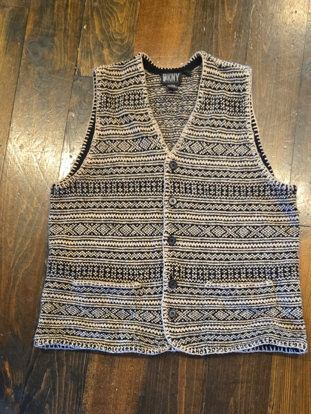 DKNY Black and Cream Patterned Knit Vest Size M Wool & Lamb Wool